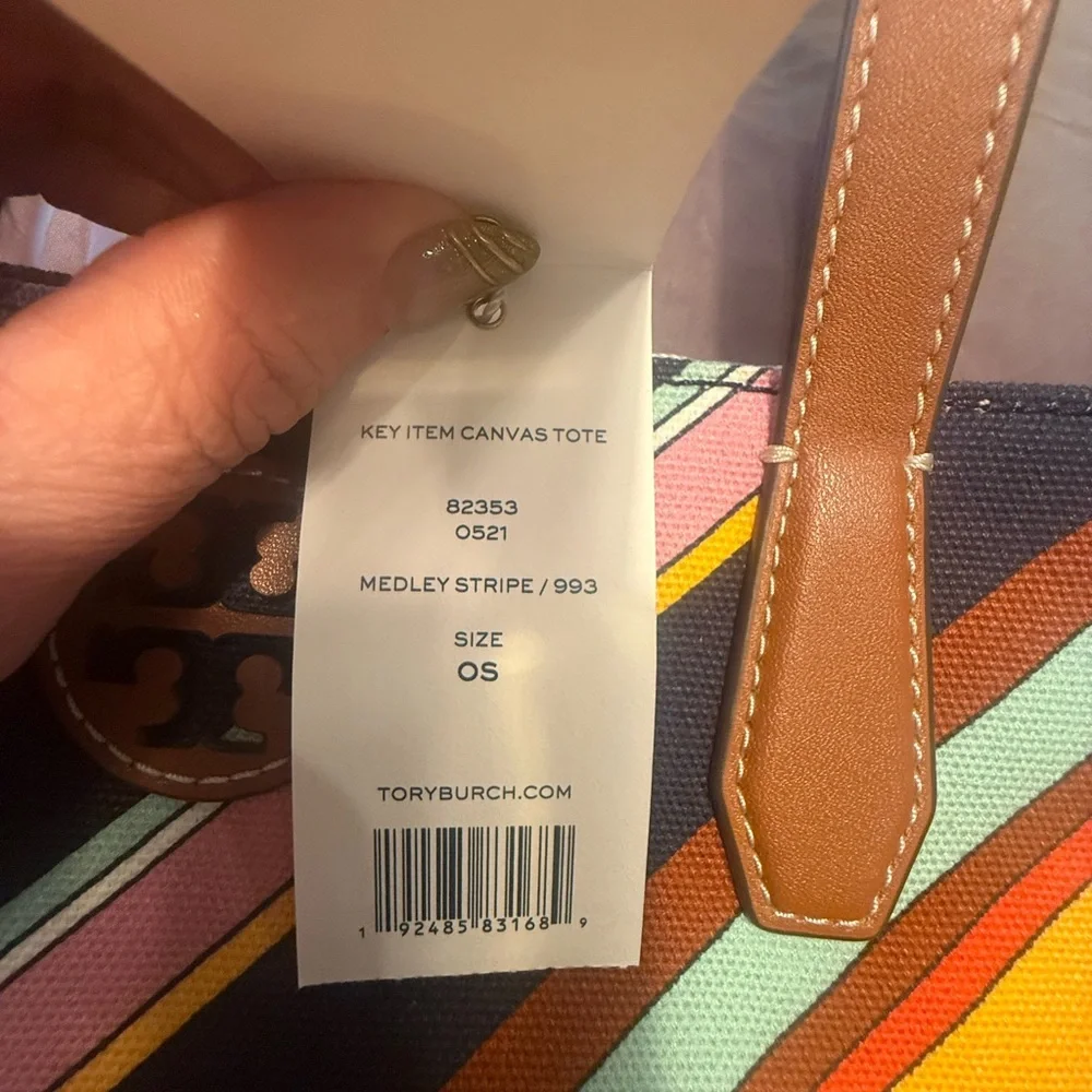 NWT Tory Burch Key Item Canvas/Leather Medley Multicolor Striped Tote MSRP $298 - Picture 6 of 11